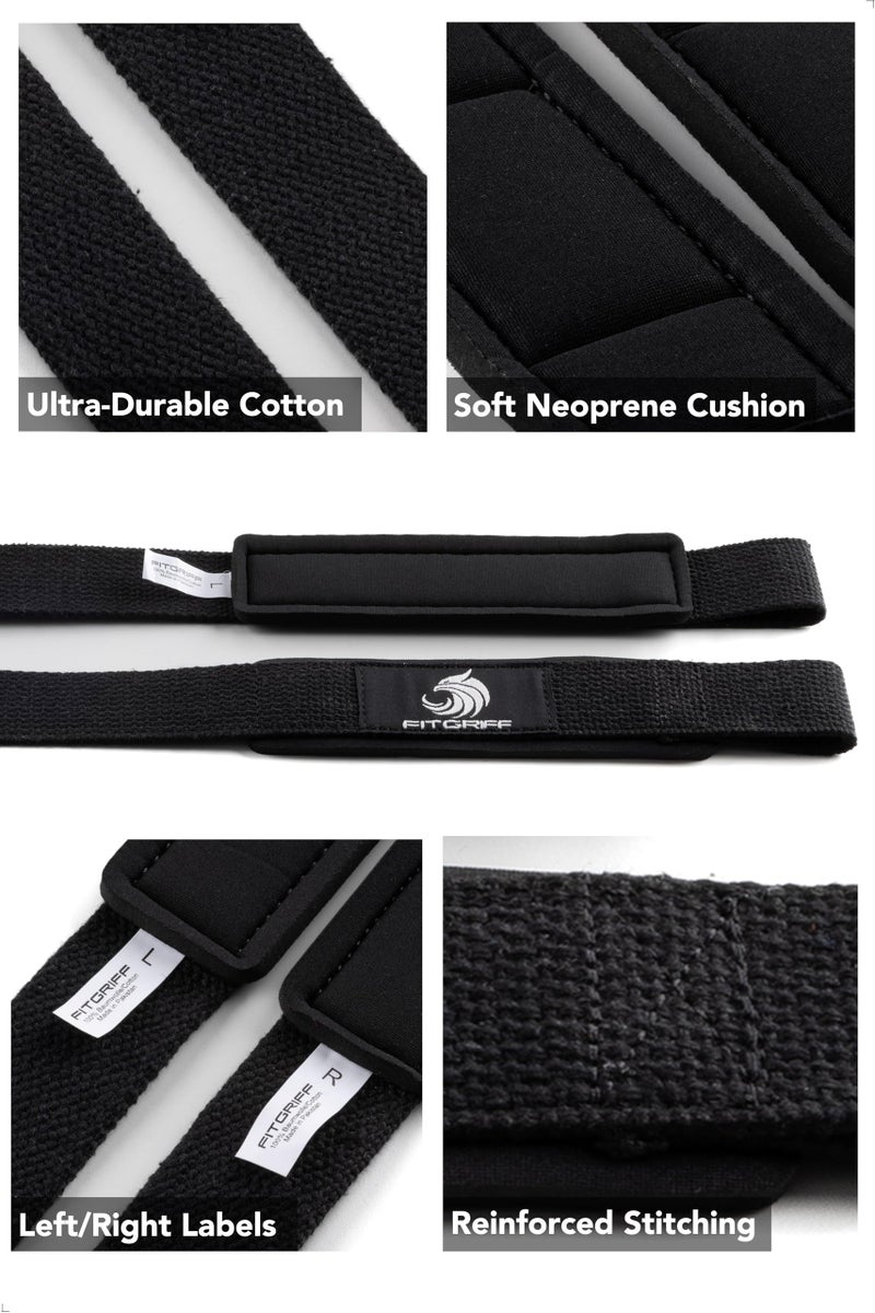 FitgriffÂ® Lifting Wrist Straps for Weightlifting, Gym, Deadlift, Workout (Made of Premium Cotton & Padded) - Men & Women (Standard, Black-Original) - Image 3